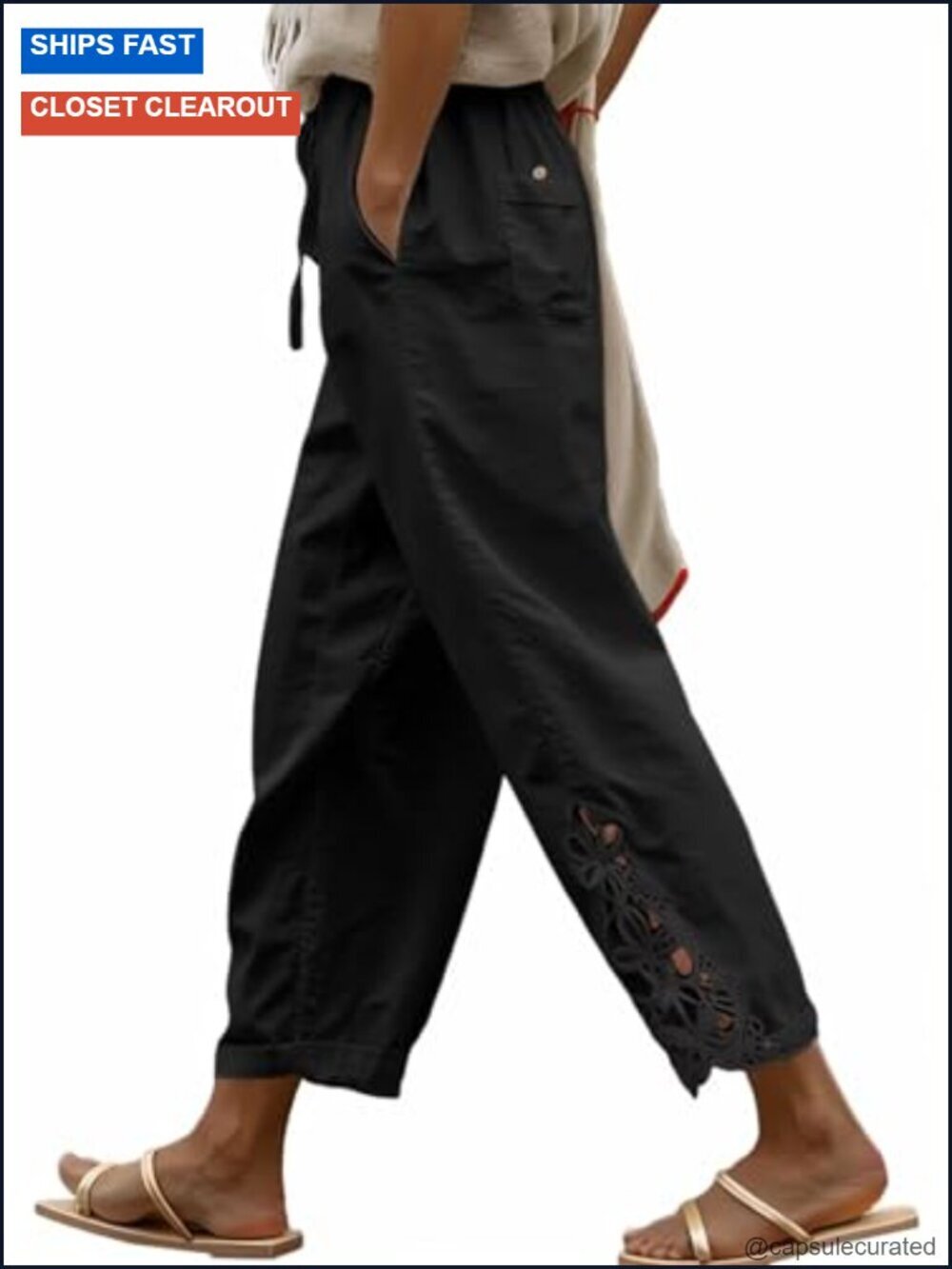 Women's Lightweight Drawstring Elastic Waist Capri Pants with Pockets
